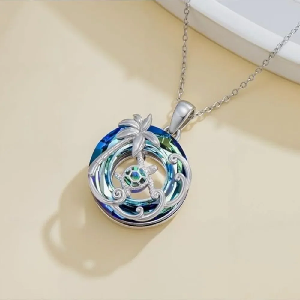 📷💬🩵⏭️NIB Blue Crystal Sterling Silver Sea Turtle Tropical Pendant Necklace